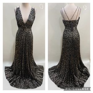 Aidan Mattox animal print pleated sleeveless long gown